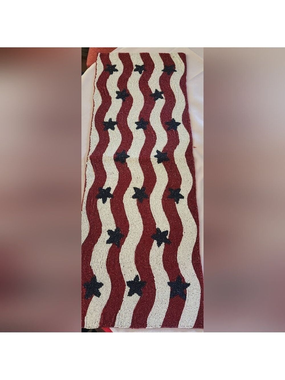 BNWT Pier 1 Patriotic Beaded Table Runner 36”x13” Stars & Stripes Hand Beaded